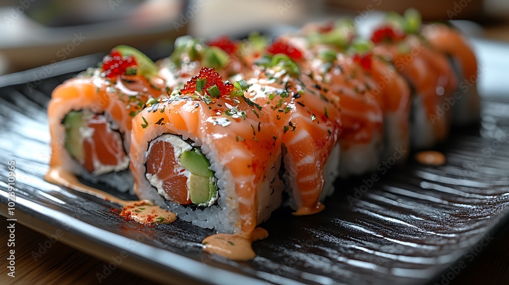 Close-up of a plate of salmon sushi rolls with red caviar, green onions, and a drizzle of sauce. Close-up of a plate of salmon sushi rolls with red caviar, green onions, and a drizzle of sauce.