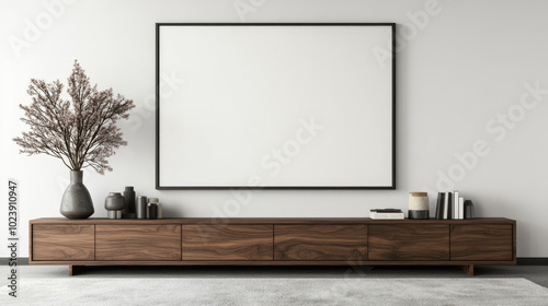 A minimalist living room with a large framed print above a wooden cabinet, a fluffy rug, and a vase with dried branches.