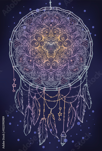 Hand drawn Native American Indian talisman dreamcatcher with feathers and moo...