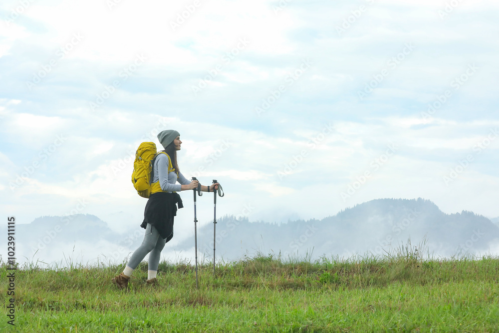 Young hiker with backpack and trekking poles in mountains, space for text