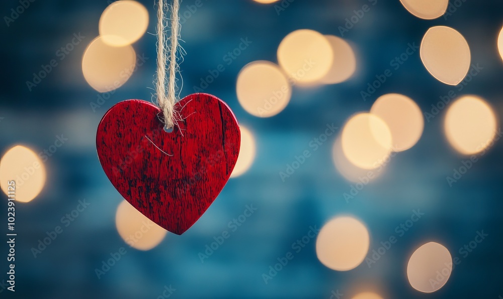 A red heart ornament hangs from a string A red heart ornament hangs from a string