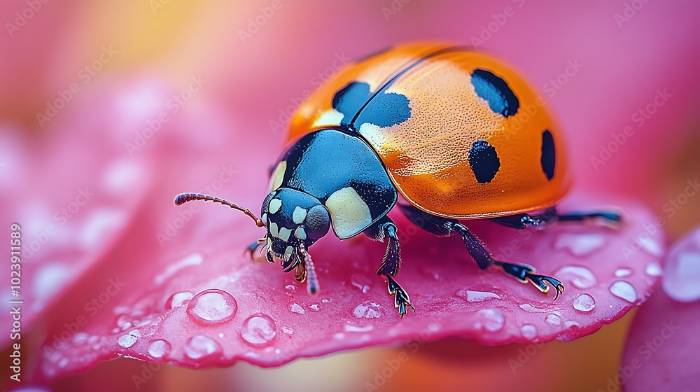 Naklejka premium A close-up shot of a ladybug on a pink flower petal with dew drops.