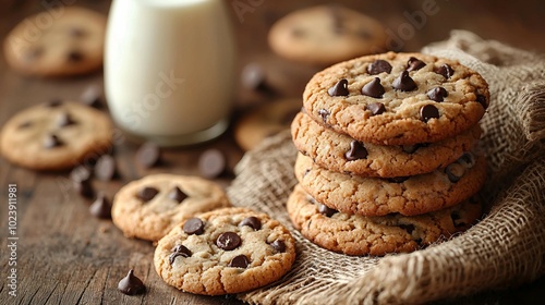 Stack of Chocolate Chip Cookies with Milk