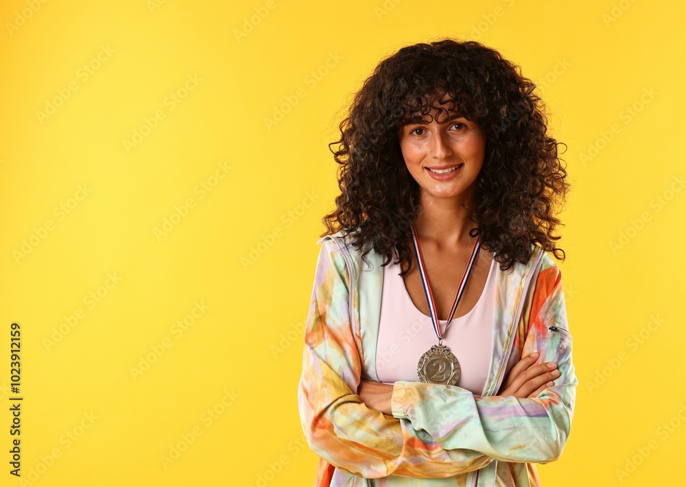 Happy winner with silver medal on yellow background. Space for text Happy winner with silver medal on yellow background. Space for text
