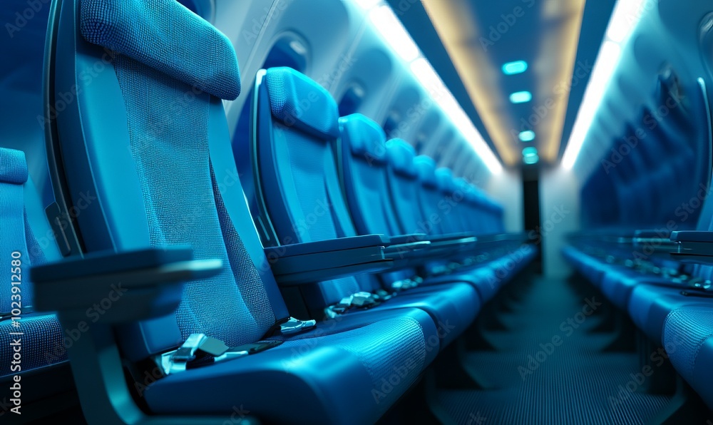 Obraz premium A row of vibrant blue seats lined up inside an airplane cabin