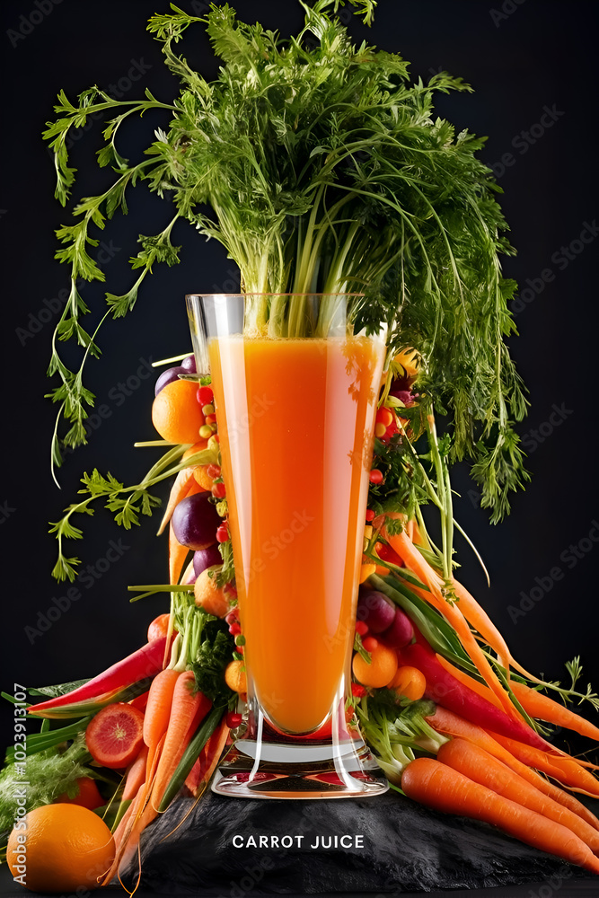 delightful beautiful scene with glass of fresh carrot juice around vegetables against black background. Digital artwork. Ai generated.