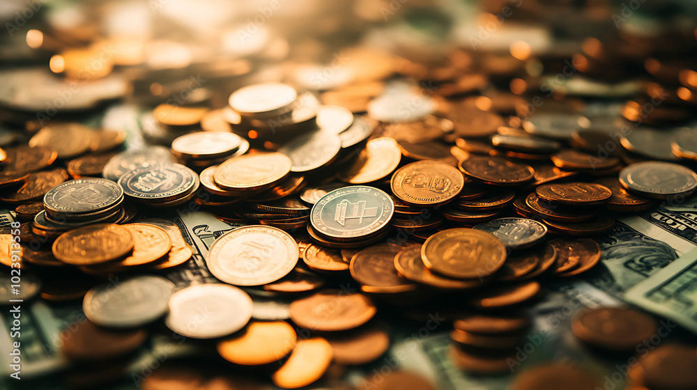 Currency spread on a surface, showcasing various coins and banknotes. Currency spread on a surface, showcasing various coins and banknotes.