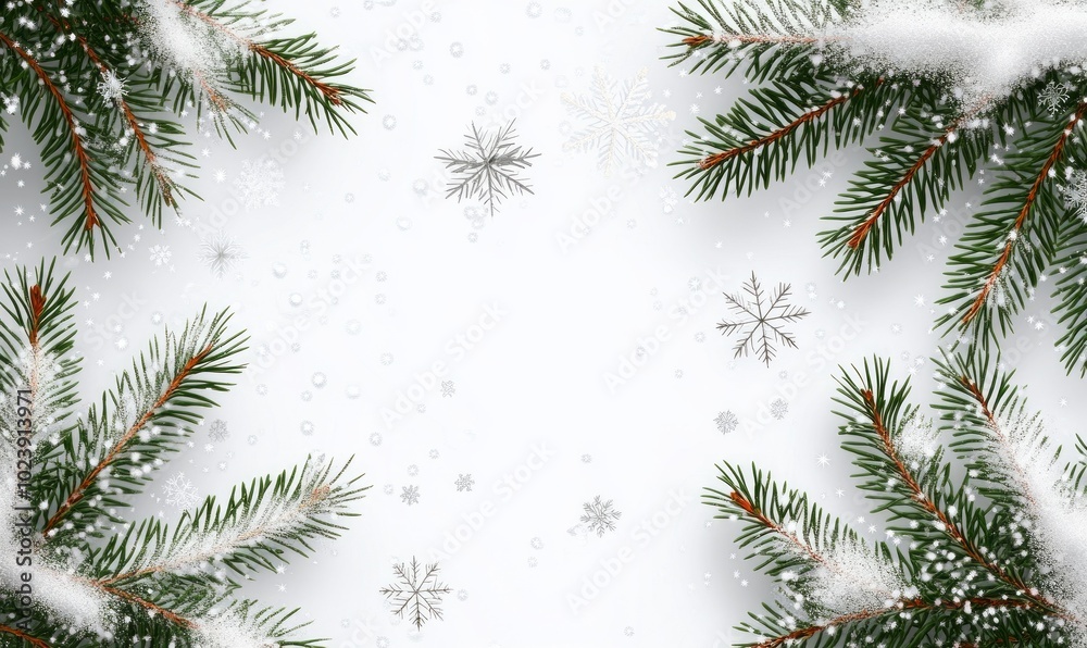 A white background with snowflakes and pine branches A white background with snowflakes and pine branches