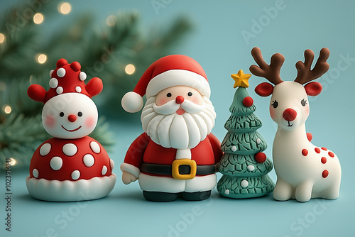 Adorable clay Santa, reindeer and Christmas tree on light blue background