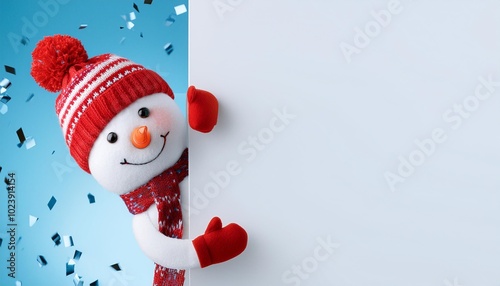 A 3D cute snowman peeking out from the right side of a white wall, wearing a red scarf and hat with silver glittery sequin decorations. There is ample copy space in the middle for text.