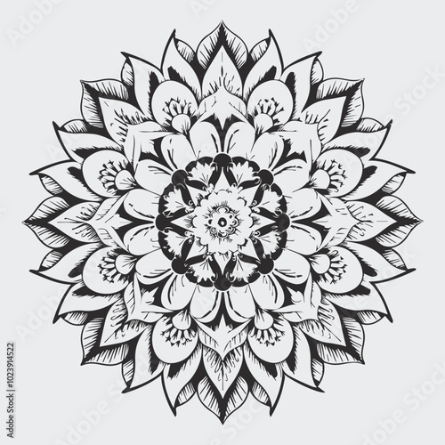 Intricate Mandala Design Featuring Beautiful Lotus Flower Mandala in Black Line Art. Symmetrical Black Line Art on White Background