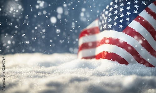 A snow covered field with a red, white and blue American flag in the background photo