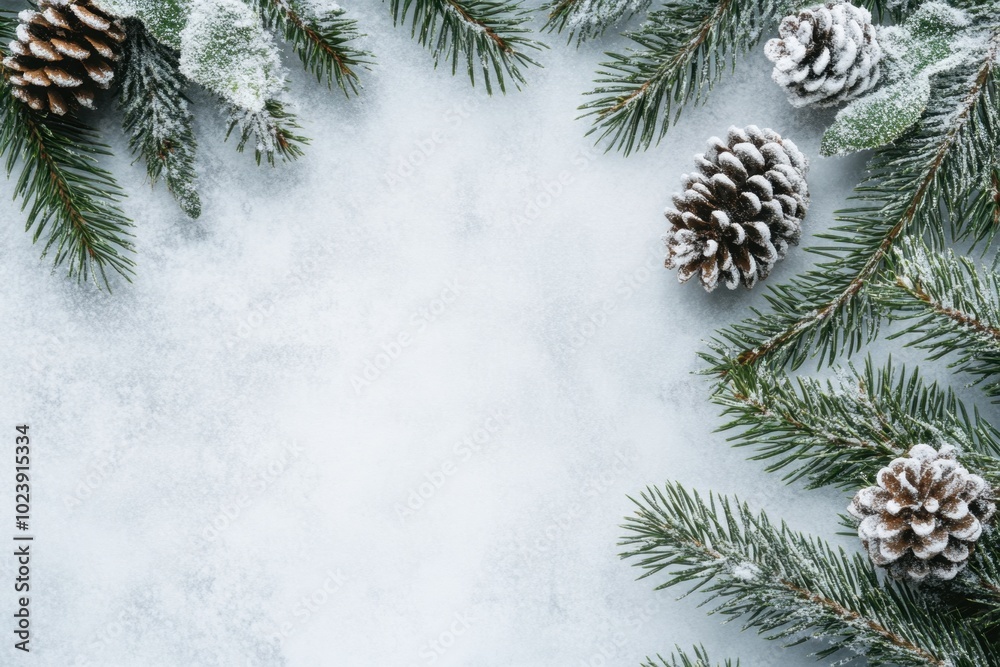 Winter foliage with pinecones on a snowy backdrop