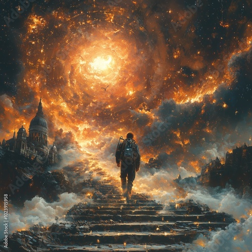 Traveler gazing at a cosmic sun in a surreal sky