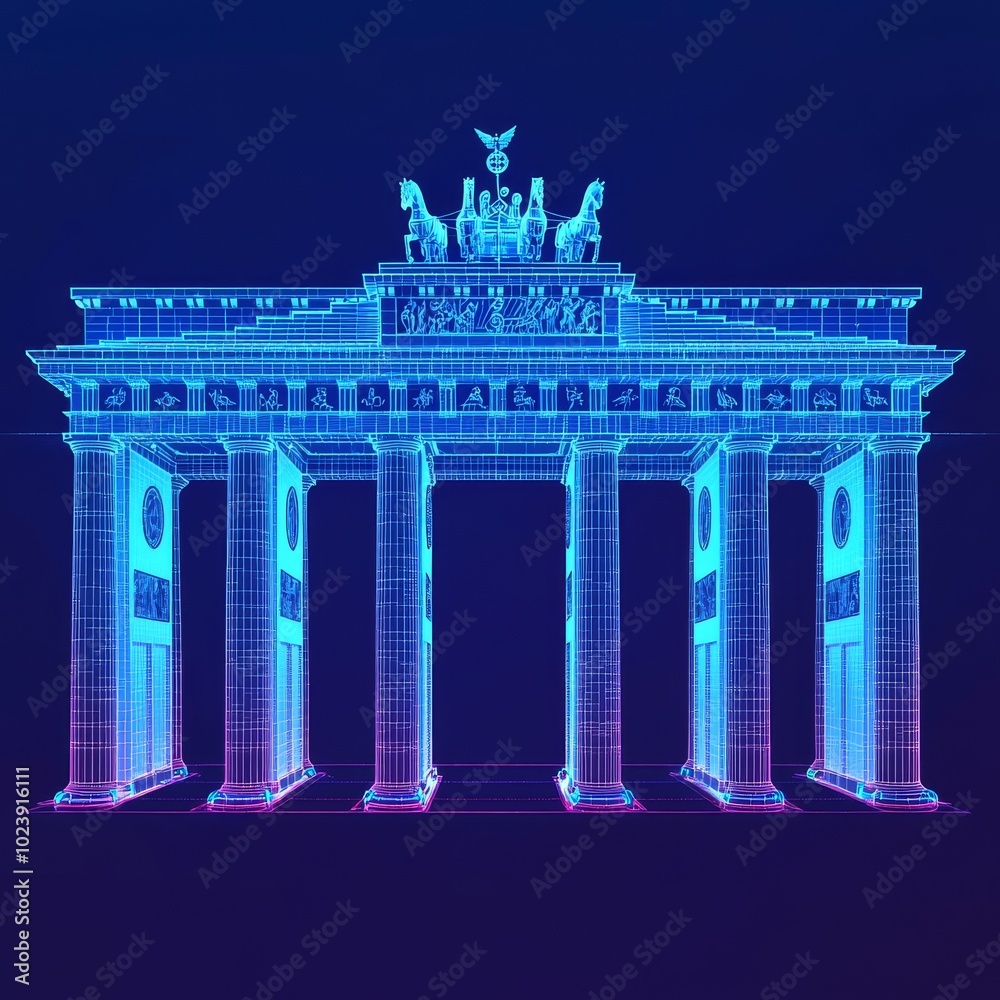 Obraz premium Immerse in the Neon Glow: A Digital Rendering of the Iconic Brandenburg Gate Captivating Your Imagination and Invoking Cultural Significance.