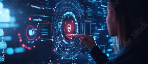 A person interacts with a digital interface displaying security icons and data visuals.