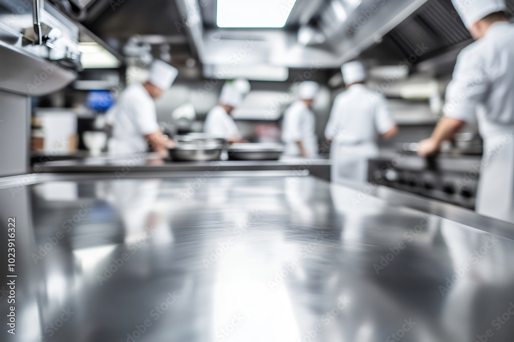 Fototapeta premium Empty polished steel countertop with chefs working in a restaurant kitchen in the background