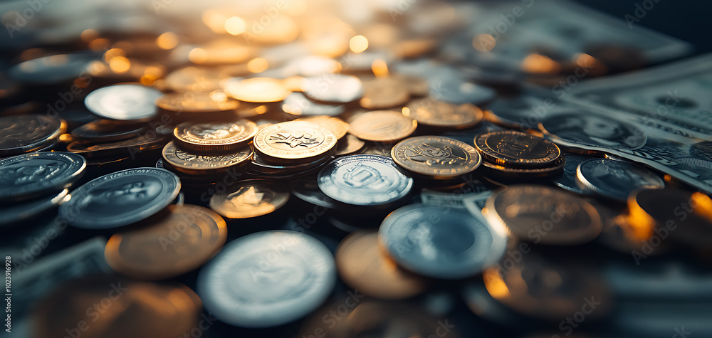 Stacks of coins and banknotes on a table, softly lit background. Stacks of coins and banknotes on a table, softly lit background.