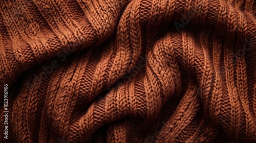 Texture of smooth knitted red brown sweater with pattern. Flat lay style, close-up. 