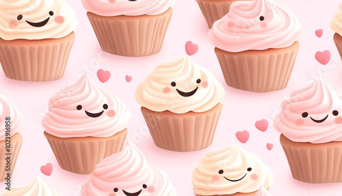 Cute happy cupcakes on pink background