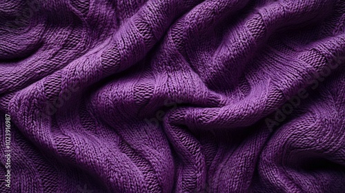 Texture of smooth knitted purple sweater with pattern. Flat lay style, close-up.