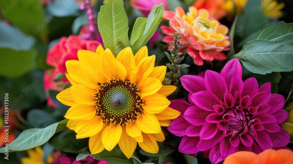Bright Floral Arrangement with Sunflowers and Dahlias Bright Floral Arrangement with Sunflowers and Dahlias