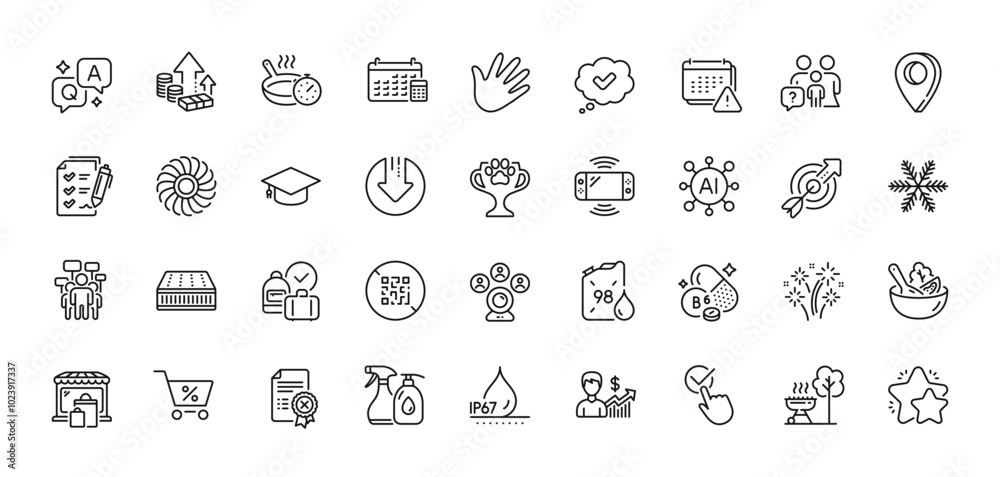 Inflation, Reject certificate and Target line icons pack. AI, Question and Answer, Map pin icons. Calendar, Frying pan, Vitamin b6 web icon. Fan engine, Approved, Petrol canister pictogram. Vector Inflation, Reject certificate and Target line icons pack. AI, Question and Answer, Map pin icons. Calendar, Frying pan, Vitamin b6 web icon. Fan engine, Approved, Petrol canister pictogram. Vector