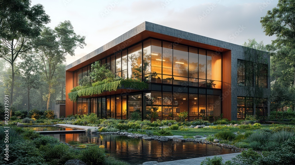 Modern office building with large windows, surrounded by trees and a pond. Modern office building with large windows, surrounded by trees and a pond.