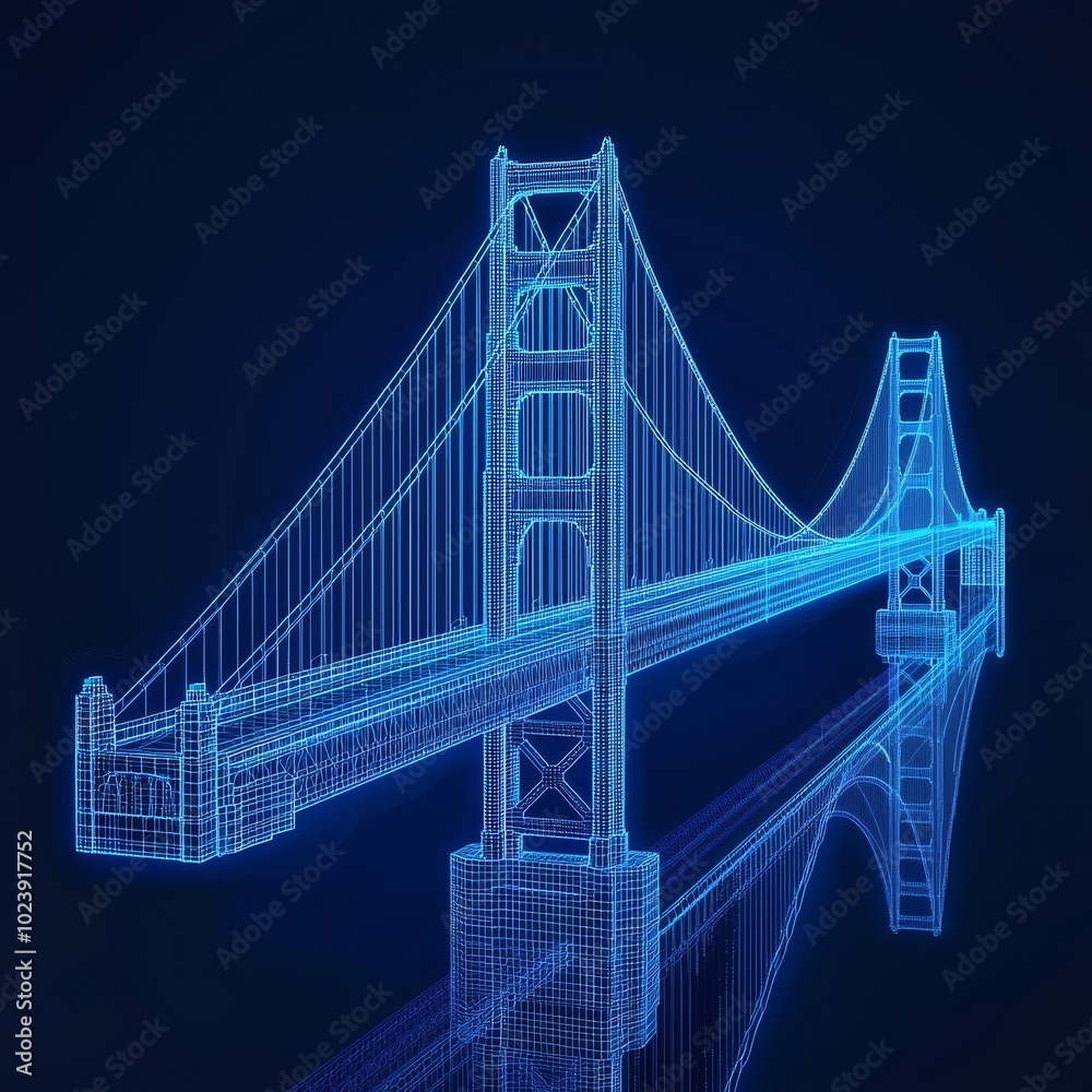 Illuminating the Future: A Stunning Representation of a Futuristic Bridge in Wireframe against a Deep Blue Background