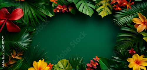 Vibrant tropical foliage with colorful flowers on green background.