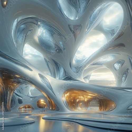 Futuristic interior with organic architecture and flowing light