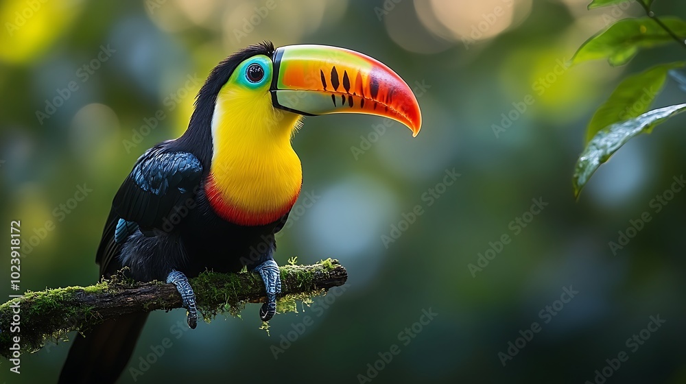Obraz premium A toucan with a large, colorful beak perches on a branch in a tropical rainforest.
