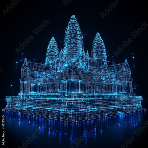 The Stunning Digital Representation of an Iconic Temple in Electric Blue Glow Against a Dark Background photo