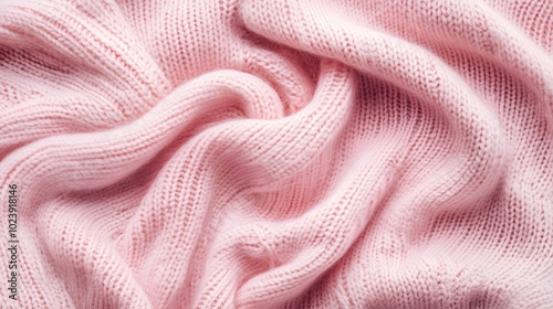 Texture of smooth knitted pastel pink sweater with pattern. Flat lay style, close-up. 