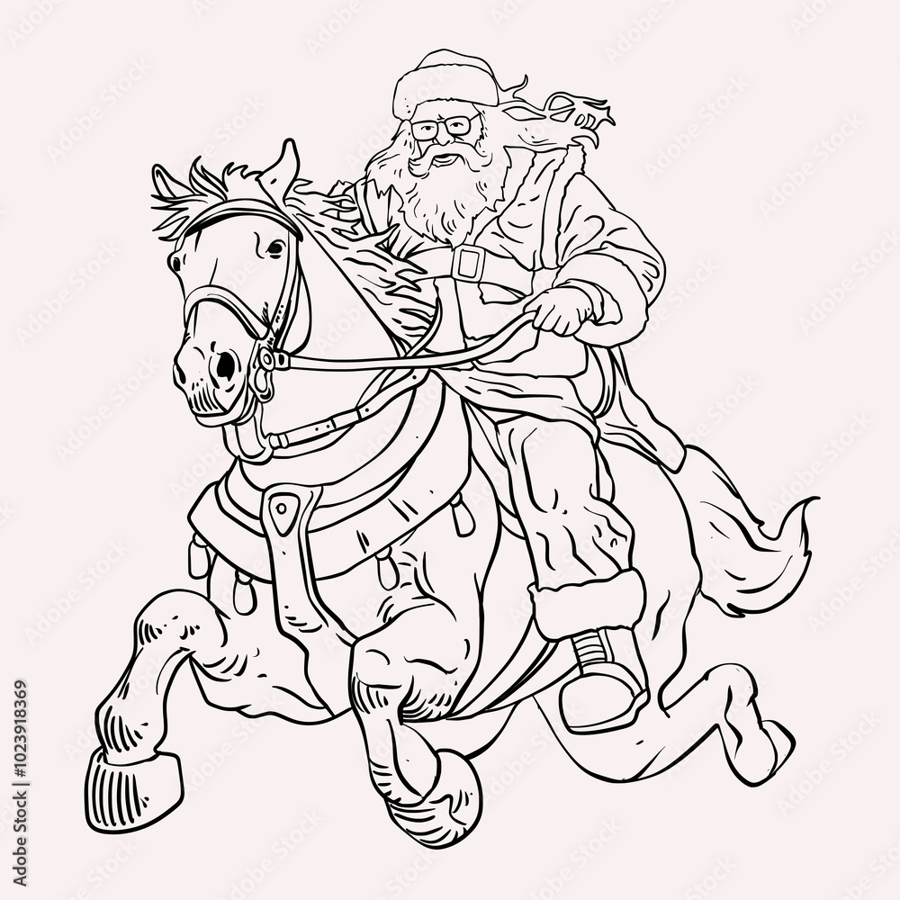 Obraz premium Santa Claus Riding Horse Line Art Silhouette Vector
