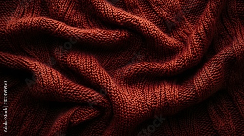 Texture of smooth knitted red brown sweater with pattern. Flat lay style, close-up. 