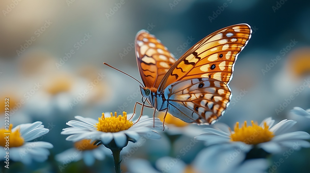 A beautiful butterfly perched on a daisy flower.