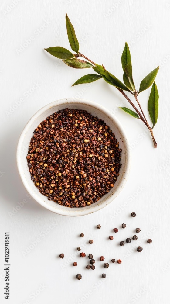 Vertical format, Szechuan Peppercorns in a bowl surrounded by leaves on a neutral background Vertical format, Szechuan Peppercorns in a bowl surrounded by leaves on a neutral background