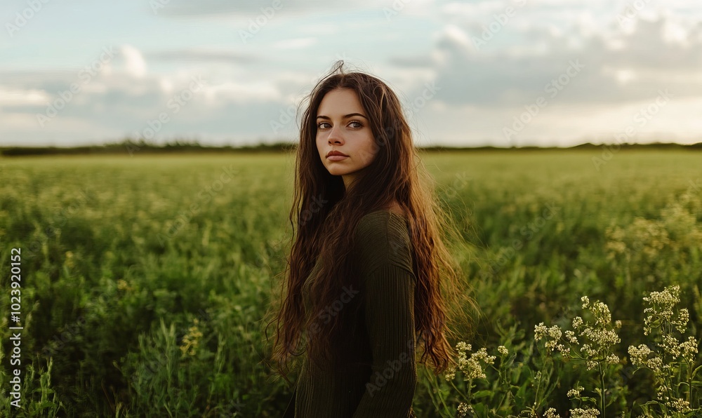 A woman with long brown hair stands in a green field A woman with long brown hair stands in a green field