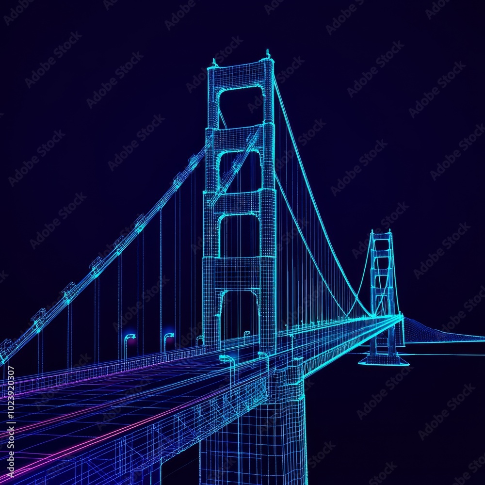Fototapeta premium A Stunning Neon Representation of an Architectural Marvel at Night, Showcasing the Vibrant Lines of a Bridge in a Futuristic Style