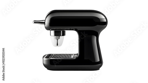 A sleek juicer with a glossy black body and a wide-mouth feed tube isolated on a solid white background. 