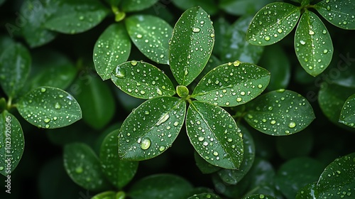 Close-up of fresh green leaves with water droplets.