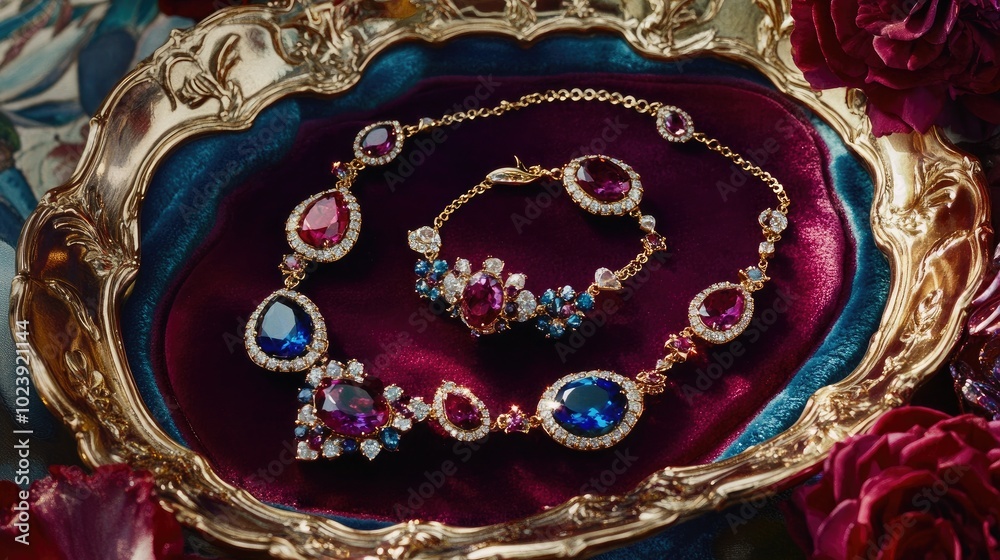 Elegant Jewelry on Ornate Tray with Rich Background Elegant Jewelry on Ornate Tray with Rich Background