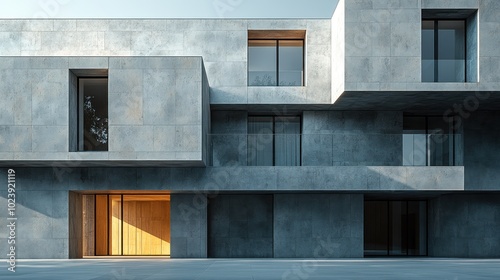 A modern concrete building with large windows and a wooden door.