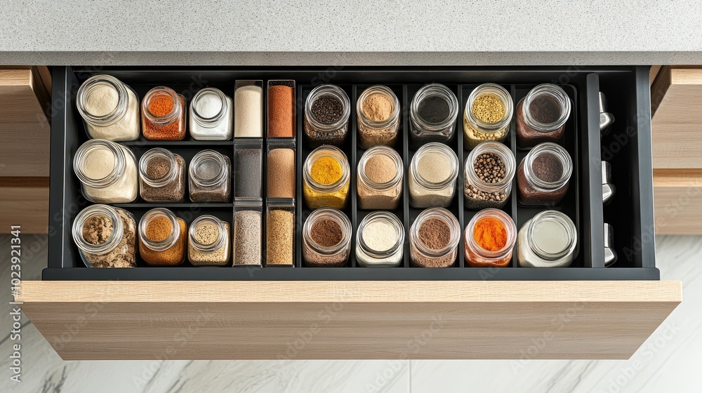 Organized Spice Drawer with Glass Jars and Labels Organized Spice Drawer with Glass Jars and Labels