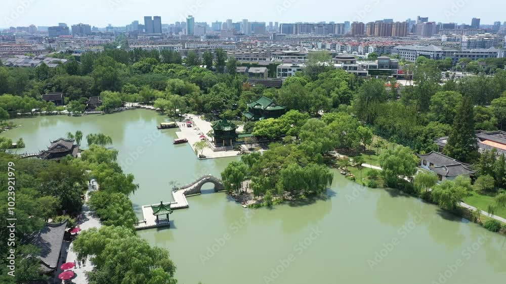 Aerial view of Slender West Lake and Daming Temple scenery in Yangzhou, China Aerial view of Slender West Lake and Daming Temple scenery in Yangzhou, China