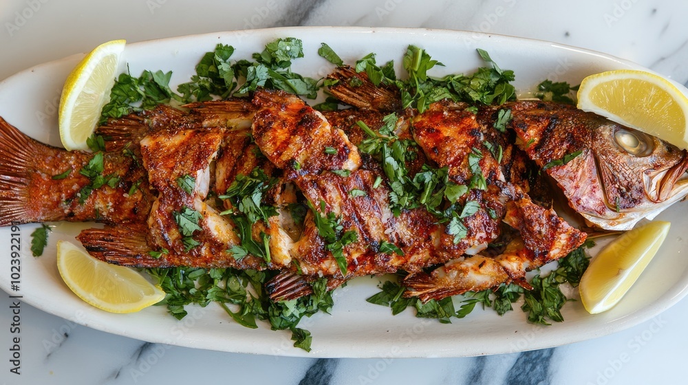 Grilled Fish with Fresh Herbs and Lemon Wedges Grilled Fish with Fresh Herbs and Lemon Wedges