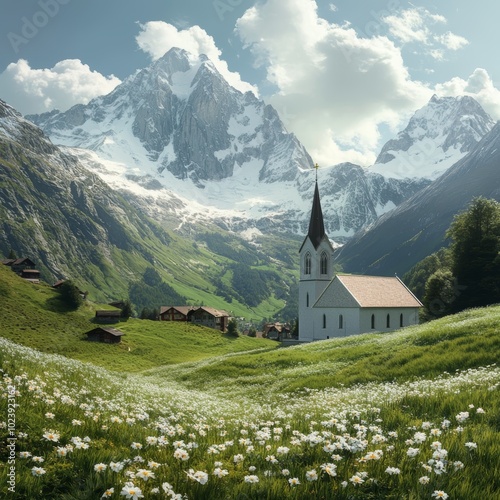 Charming stone chapel in alpine mountain landscape 