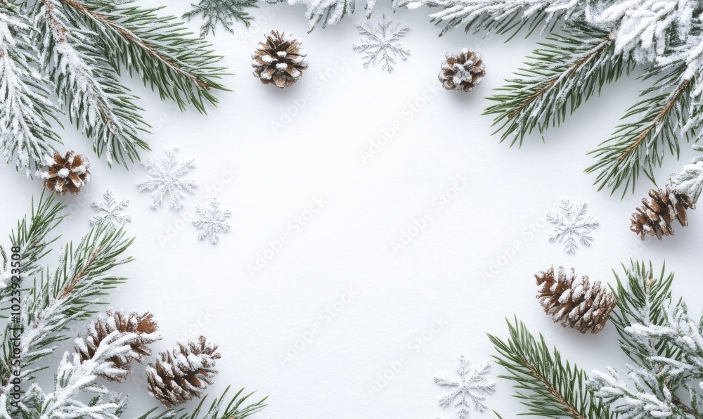 A white background with snowflakes and pine branches A white background with snowflakes and pine branches