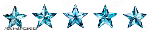 Set of blue and turquoise crystal glass five pointed glossy star icons. Isolated cutout on transparent or white background.